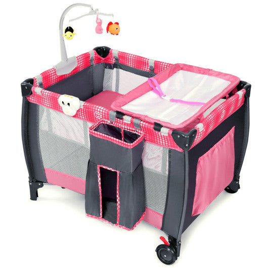 Foldable Travel Baby Crib Playpen Infant Bassinet Bed with Carry Bag-Pink
