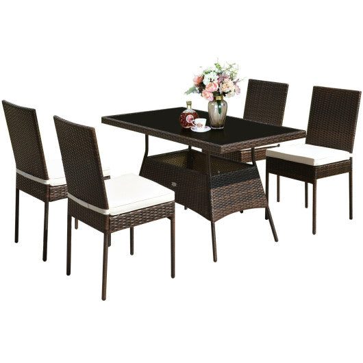 5 Pieces Rattan Dining Set Glass Table High Back Chair