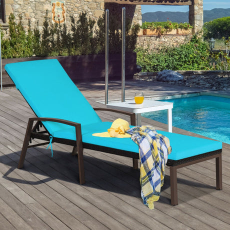 Patio Rattan Lounge Chaise Recliner with Back Adjustable Cushioned-Turquoise