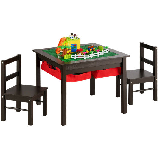 5-in-1 Kids Activity Table and 2 Chairs Set with Storage Building Block Table-Coffee