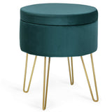 Round Velvet Storage Ottoman Footrest Stool Vanity Chair with Metal Legs-Dark Green