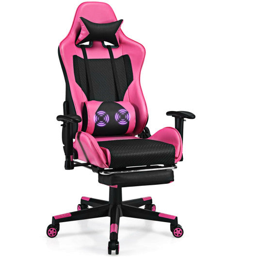 PU Leather Gaming Chair with USB Massage Lumbar Pillow and Footrest -Pink