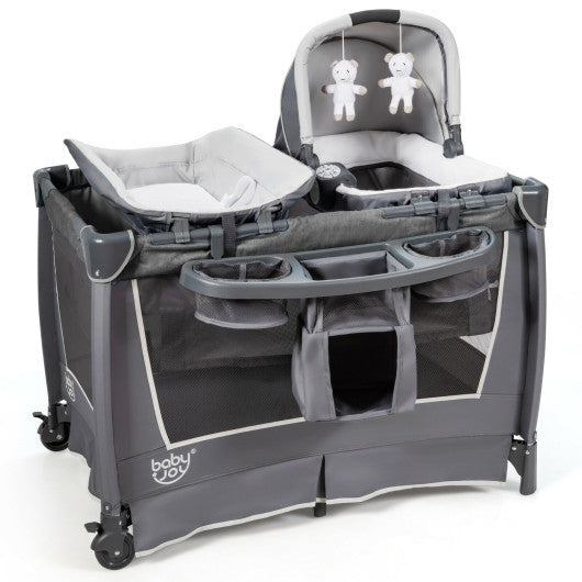 4-in-1 Convertible Portable Baby Play yard with Toys and Music Player-Gray