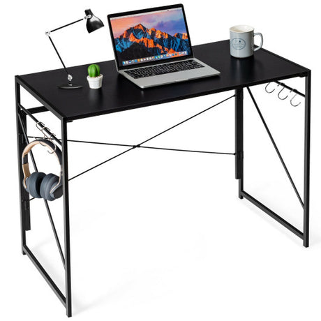 Folding Computer Desk Writing Study Desk Home Office with 6 Hooks-Black