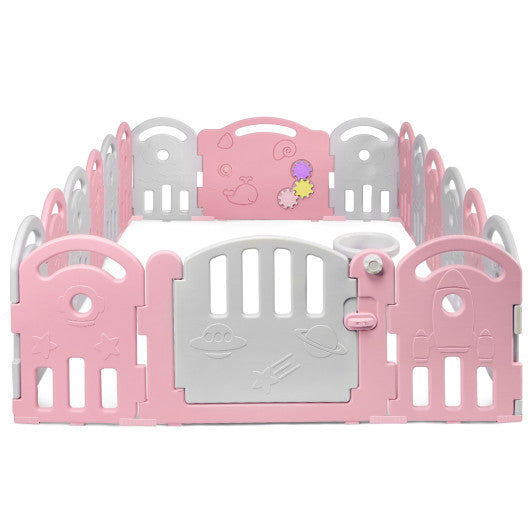 18-Panel Baby Playpen with Music Box & Basketball Hoop-Pink
