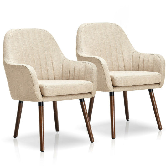 Set of 2 Fabric Upholstered Accent Chairs with Wooden Legs-Beige