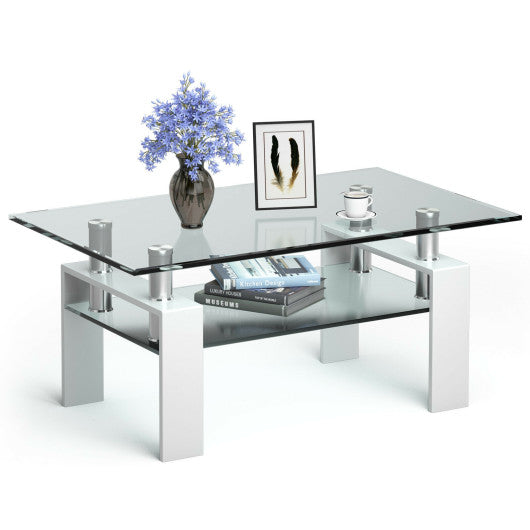 Rectangle Glass Coffee Table with Metal Legs for Living Room-White