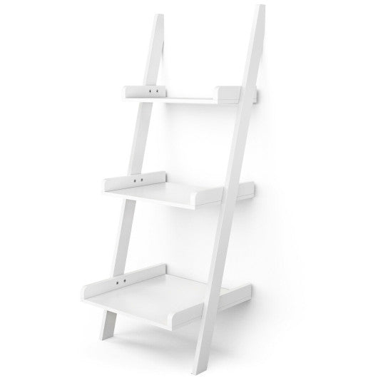 3.7 Ft 3-Tier Wooden Leaning Rack Wall Book Shelf Ladder-White