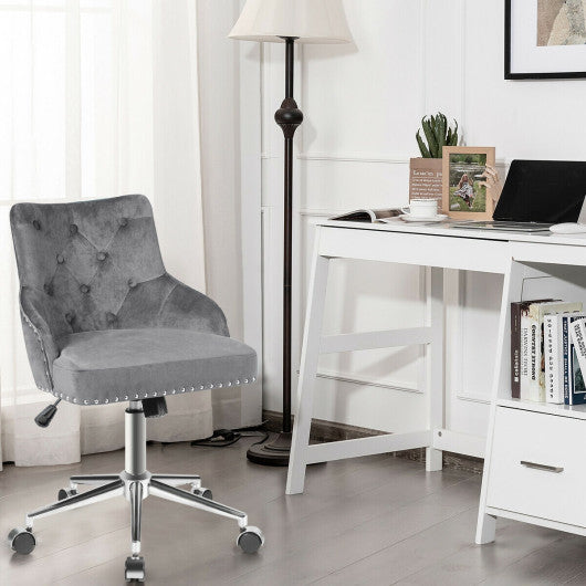 Tufted Upholstered Swivel Computer Desk Chair with Nailed Tri-Gray