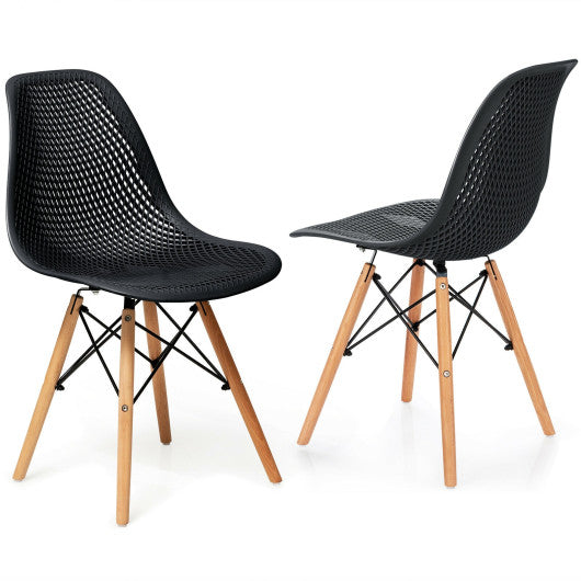 2 Pcs Modern Plastic Hollow Chair Set with Wood Leg-Black