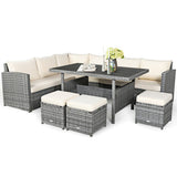 7 Pieces Patio Rattan Dining Furniture Sectional Sofa Set with Wicker Ottoman-Beige