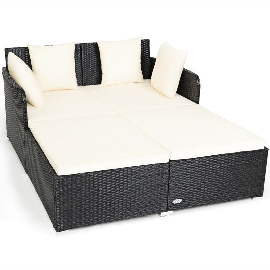 Spacious Outdoor Rattan Daybed with Upholstered Cushions and Pillows-White