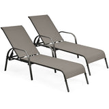 2 Pcs Outdoor Patio Lounge Chair Chaise Fabric with Adjustable Reclining Armrest-Brown