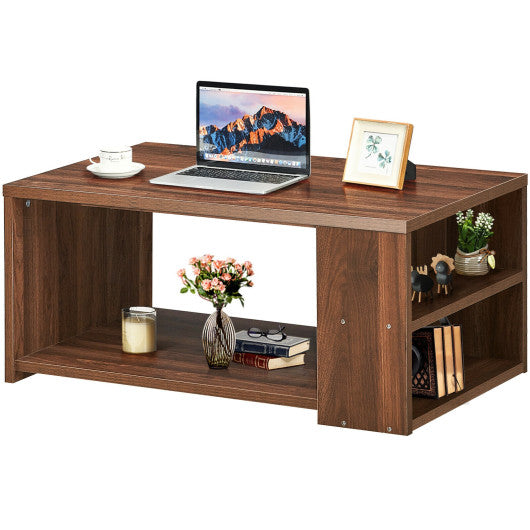 Coffee Table Sofa Side Table with Storage Shelves -Walnut