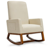 Rocking High Back Upholstered Lounge Armchair with Side Pocket-Beige