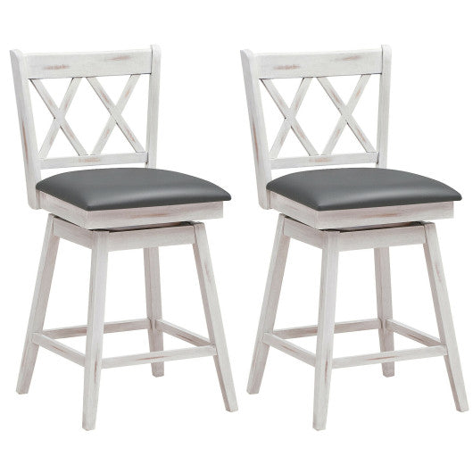 2 Pieces 24 Inch Swivel Counter Height Barstool Set with Rubber Wood Legs-White