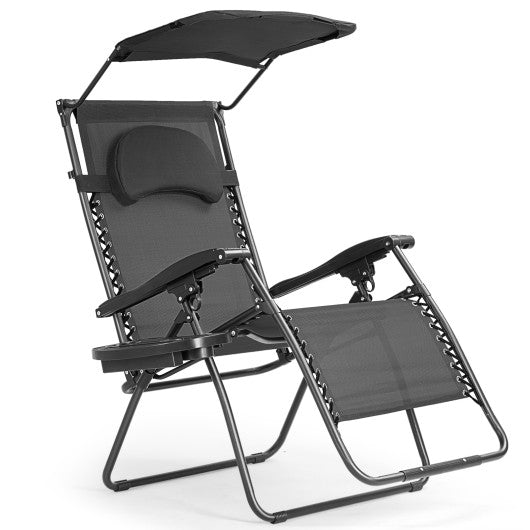 Folding Recliner Lounge Chair with Shade Canopy Cup Holder-Black