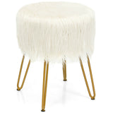 Faux Fur Vanity Stool Chair with Metal Legs for Bedroom and Living Room-White