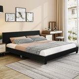 Queen Upholstered Platform Bed Frame with Linen Headboard Wood Slat-Black