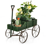 Wooden Wagon Plant Bed With Wheel for Garden Yard-Green