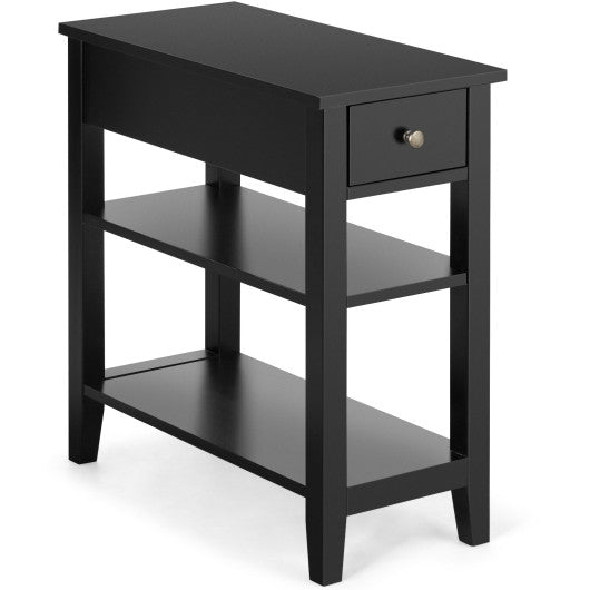 3-Tier Nightstand Bedside Table Sofa Side with Double Shelves Drawer-Black