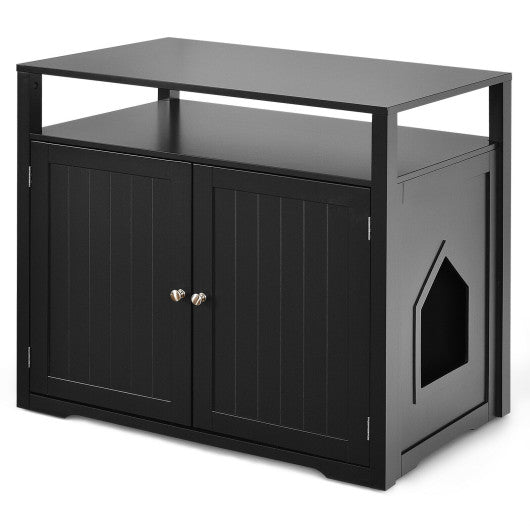 Wooden Cat Litter Box Enclosure Hidden Cat Washroom with Storage Layer-Black