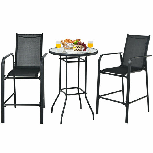 3 Pieces Outdoor Patio Bar Table Stool Set-Black