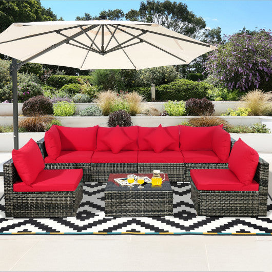 7 Pieces Patio Rattan Furniture Set Sectional Sofa Garden Cushion-Red