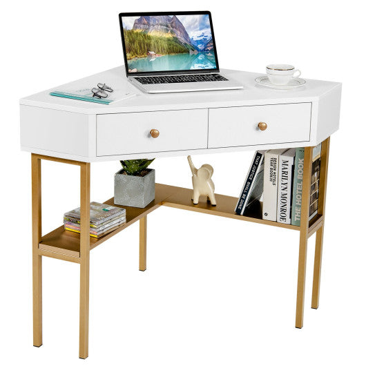 Space Saving Corner Computer Desk with 2 Large Drawers and Storage Shelf-Golden