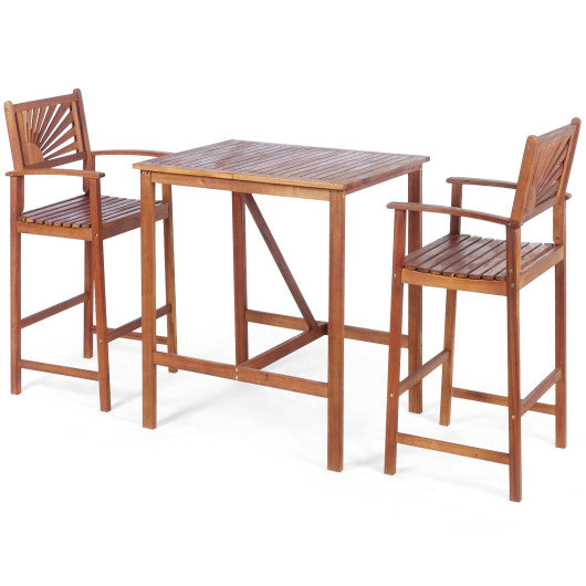 3 Pieces Acacia Wood Patio Bar Set with Sunflower Patterned Backrest