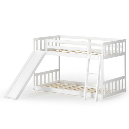 Twin over Twin Bunk Wooden Low Bed with Slide Ladder for Kids-White