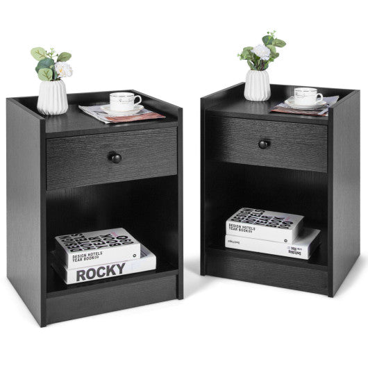 Set of 2 Nightstand with Drawer Cabinet End Side Table Raised Top-Black