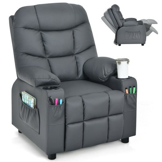 PU Leather Kids Recliner Chair with Cup Holders and Side Pockets-Gray
