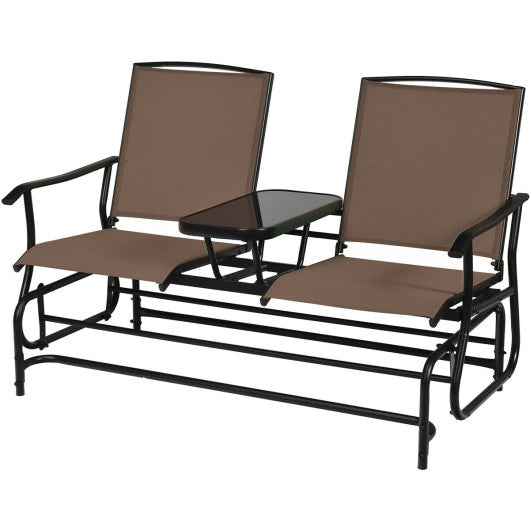 2-Person Double Rocking Loveseat with Mesh Fabric and Center Tempered Glass Table-Brown