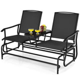 2-Person Double Rocking Loveseat with Mesh Fabric and Center Tempered Glass Table-Black