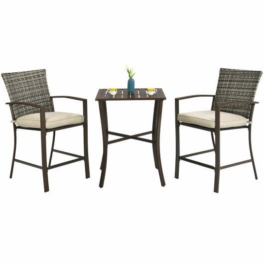 3 Pieces Rattan Bar Furniture Set with Slat Table and 2 Cushioned Stools-Brown