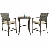 3 Pieces Rattan Bar Furniture Set with Slat Table and 2 Cushioned Stools-Brown