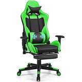 PU Leather Gaming Chair with USB Massage Lumbar Pillow and Footrest -Green