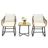 3-Piece Patio Bistro Set with 2 Rattan Chairs and Square Glass Coffee Table-White