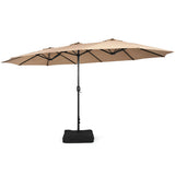 15 Feet Double-Sided Twin Patio Umbrella with Crank and Base-Brown