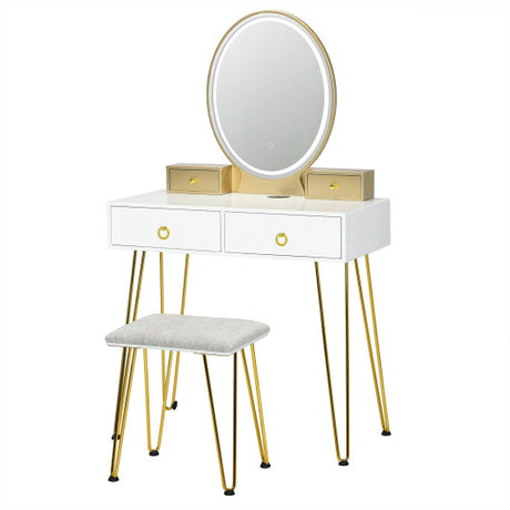 Vanity Table Set with 3-Color Lighted Dimmable Mirror-White