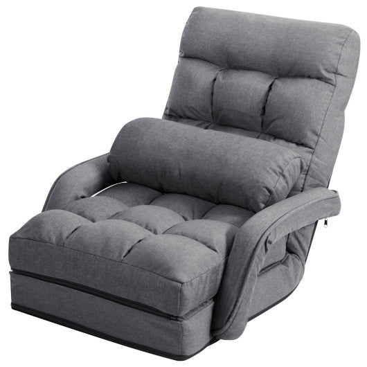 Folding Lazy Floor Chair Sofa with Armrests and Pillow-Gray