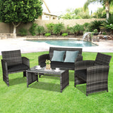 4 Pieces Patio Rattan Furniture Set with Glass Table and Loveseat-Black