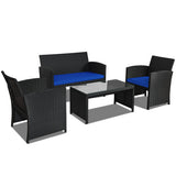 4 Pieces Rattan Patio Furniture Set with Weather Resistant Cushions and Tempered Glass Tabletop-Navy