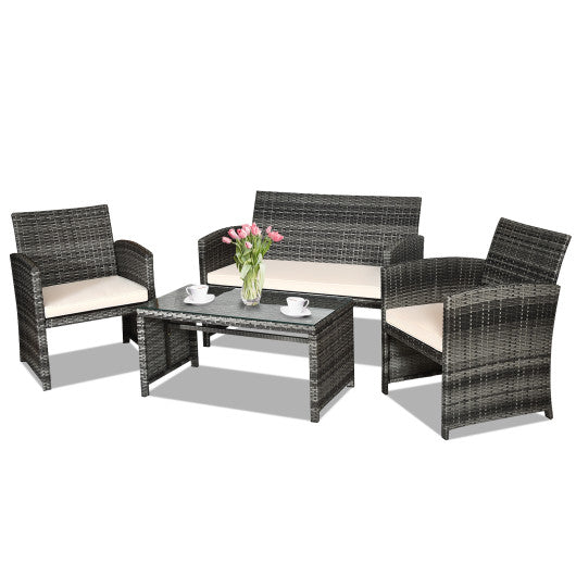 4 Pcs Patio Rattan Furniture Set Top Sofa With Glass Table-White