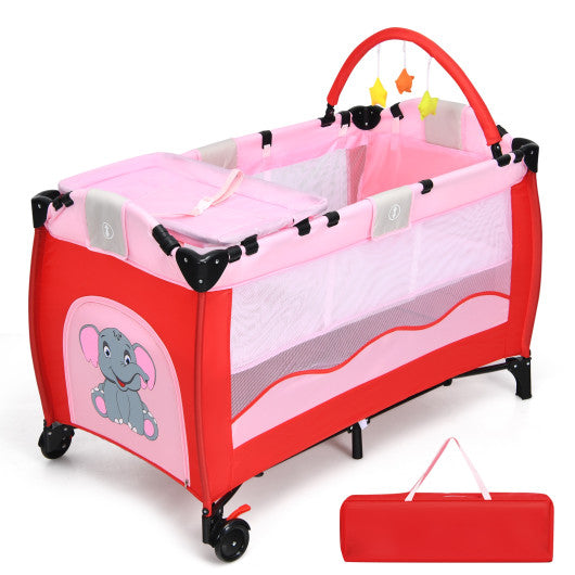 Baby Crib Playpen Playard Pack Travel Infant Bassinet Bed Foldable 4 color-pink
