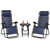 3 Pieces Folding Portable Zero Gravity Reclining Lounge Chairs Table Set-Navy