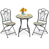 3 Pieces Patio Bistro Mosaic Design Set with Folding Chairs and Round Table