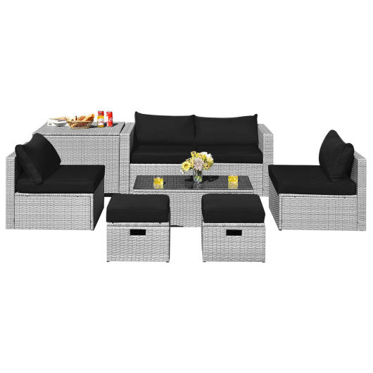 8 Pieces Patio Rattan Furniture Set with Storage Waterproof Cover and Cushion-Black