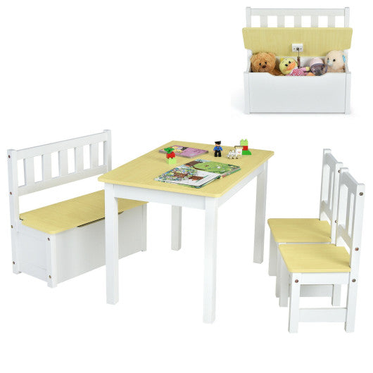 4 Pieces Kids Wooden Activity Table and Chairs Set with Storage Bench and Study Desk-Natural